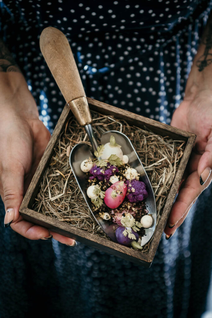 Restaurant photo zeigt ein Food-Detail in den Händen: Amuse-Gouche mit Blumenkohl, Radieschen auf falscher Erde, Liebstöckel und Muschel-Crunch im Michelin-Sterne-Restaurant Freustil in Binz auf Rügen, unter Chef Ralf Haug – kunstvoll angerichtet und authentisch präsentiert.