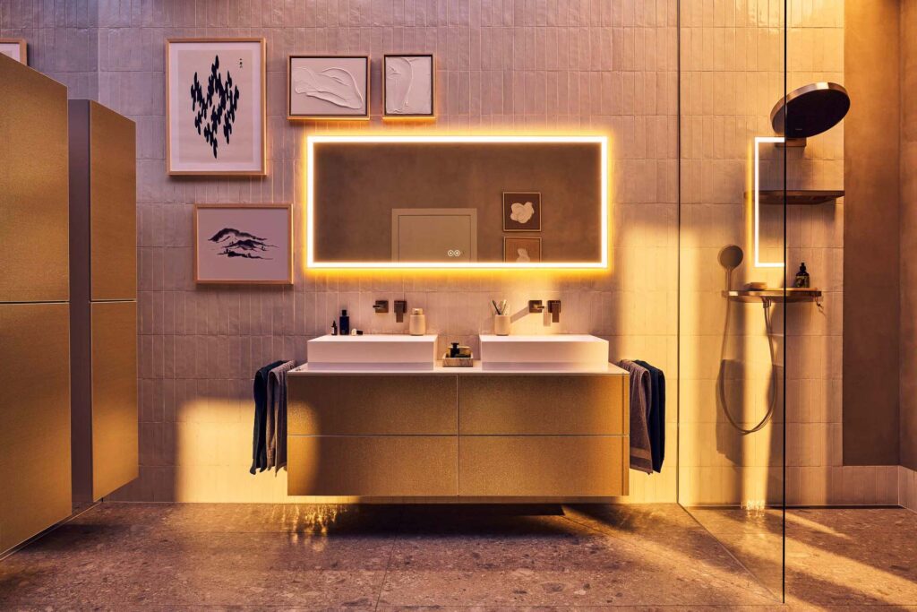 „Moderne Badezimmermöbel mit Doppelwaschtisch und beleuchtetem Spiegel in stilvollem Badezimmer, Hansgrohe Design-Dusche, nächtliche Stimmung, elegantes Werbefoto.“