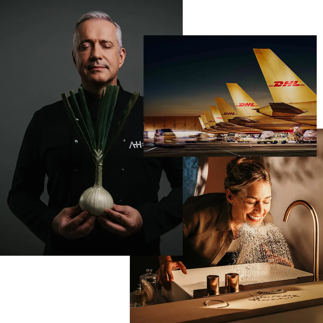 website header foto zeigt starkoch alexander herrmann, dhl flugzeuge und ein neuartige wasserfontaene von hansgrohe mit frau, die diese geniesst, aufgenommen vom businessfotograf braunschweig fuer werbeagenturen.