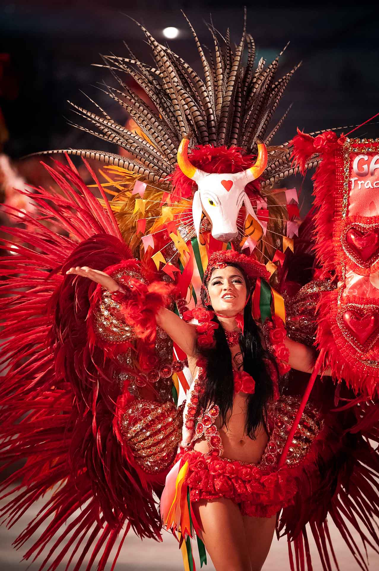 Tänzerin in aufwendigem roten Kostüm mit Federschmuck während einer Bühnenperformance